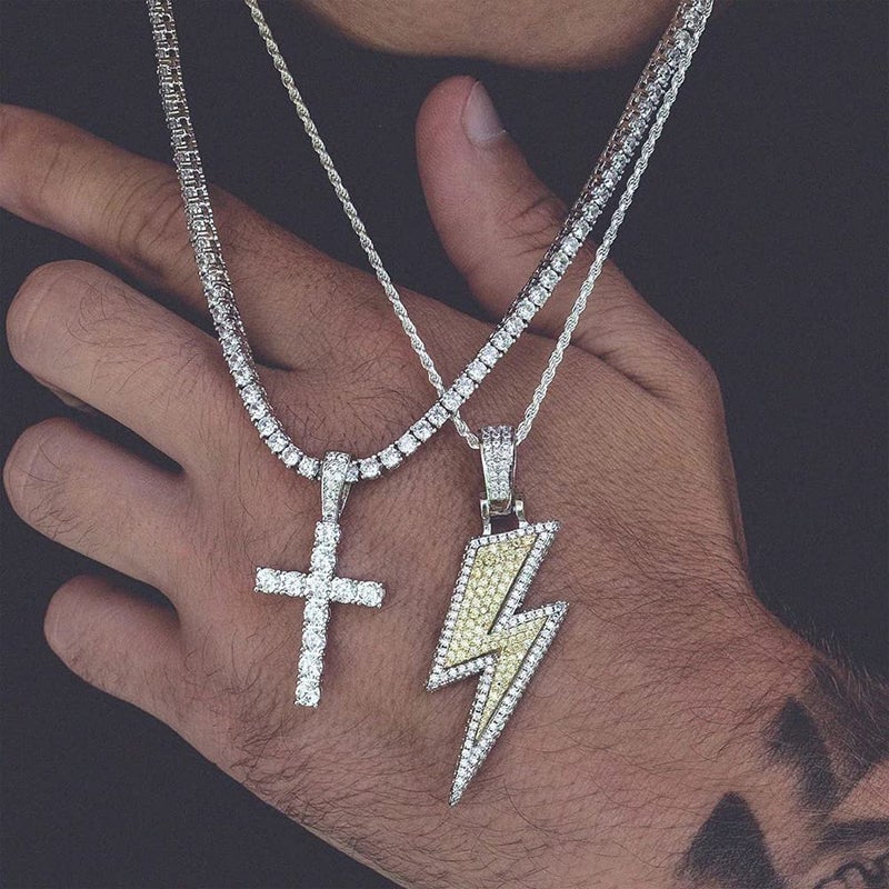 JINAO Hip Hop Lightning Bolt Design Pendant 18k Gold Plated Iced Out Cubic Zirconia Pendant Necklace with Micropave Simulated Diamond for Men Women (Gold) - Image 4